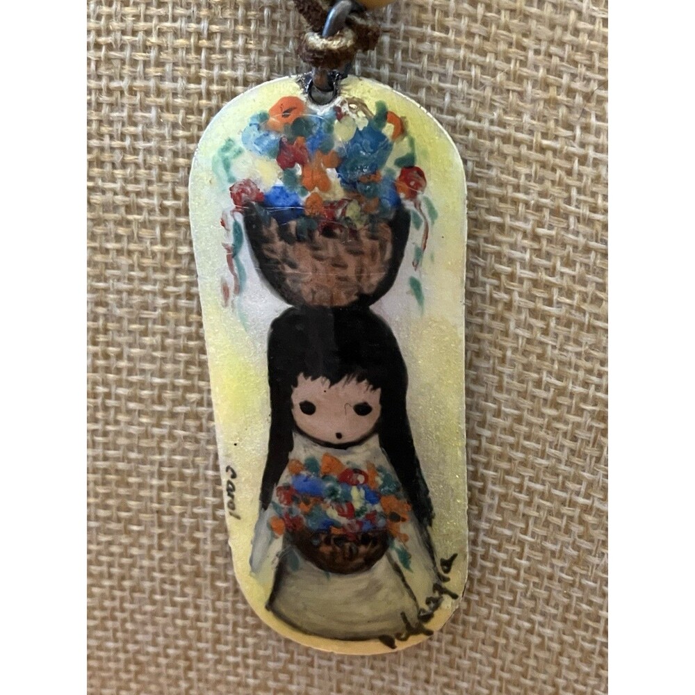 Vintage DeGrazia girl with flowers Hand Painted Pendant Necklace Leather Cord